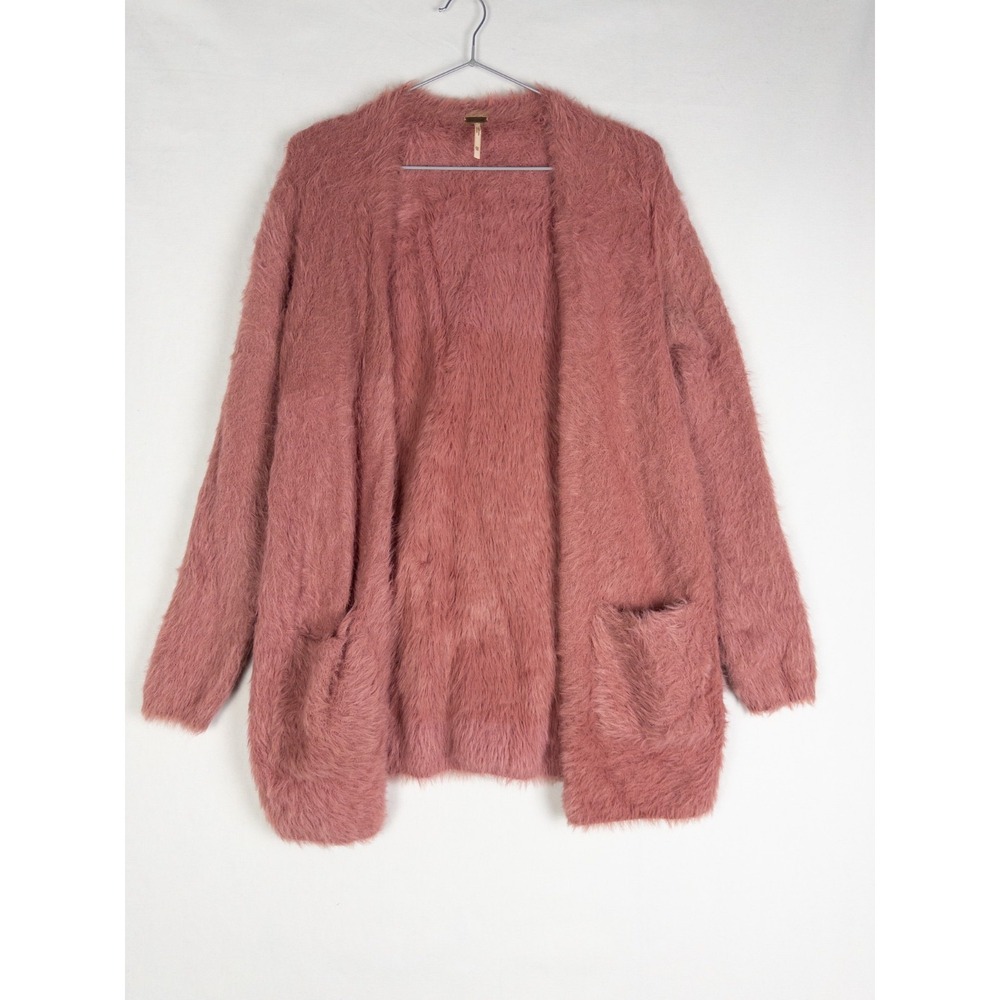 Free People Fuzzy Faux Fur Cardigan Womens XS Coral Open Front Long Solid